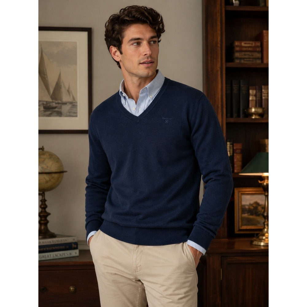 Barbour Mens‎ Pima Cotton V-Neck Sweater Navy Blue MKN1115NY91 Size M